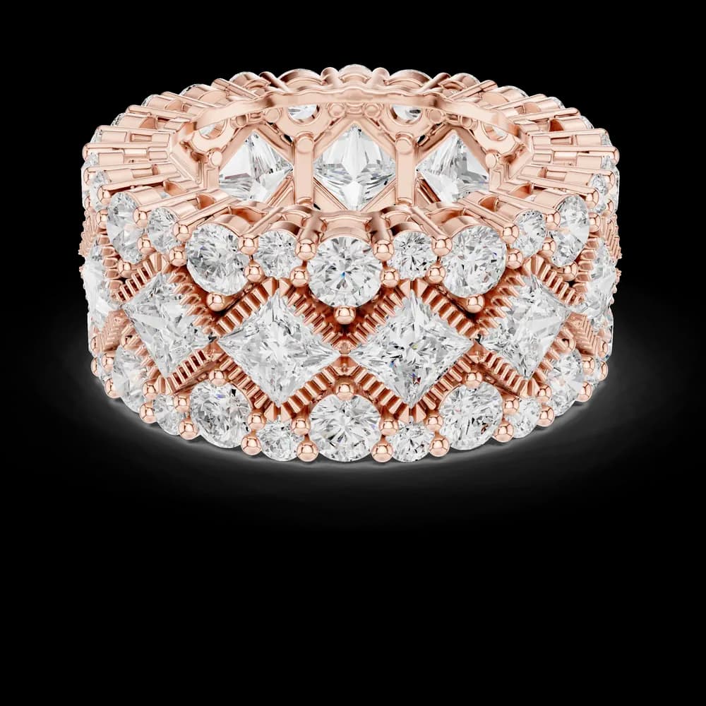 Three Row Princess & Round Diamond Quilted Eternity Band - Image 1 Three Row Princess & Round Diamond Quilted Eternity Band, view 1 of 6