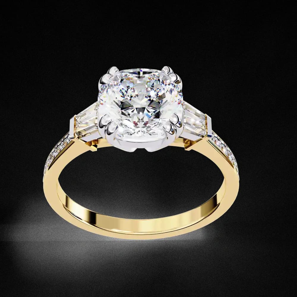 Cushion Cut Lab Grown Diamond Ring with Trapezoid Side Stones - Image 8 Cushion Cut Lab Grown Diamond Ring with Trapezoid Side Stones, view 8 of 12